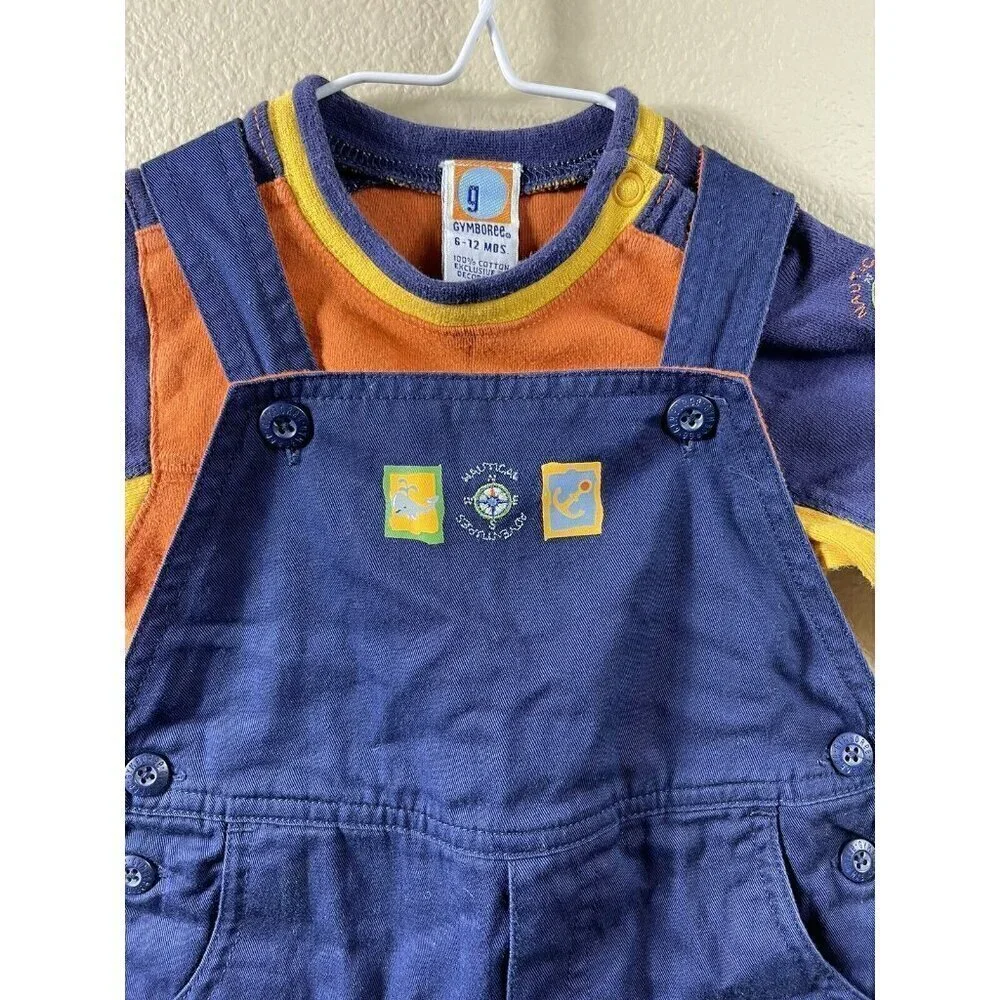 Gymboree Nautical Adventure 2pc Set Navy Blue Overalls & Orange Bodysuit 6-12 M